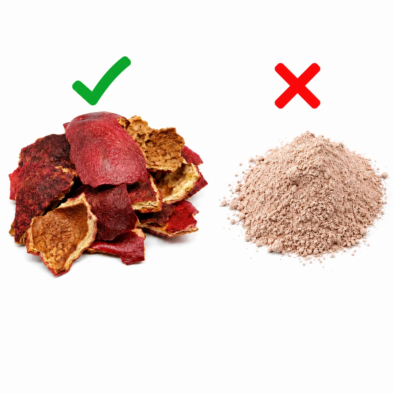 Pomegranate peel versus powder comparison showing the source of punicalagins