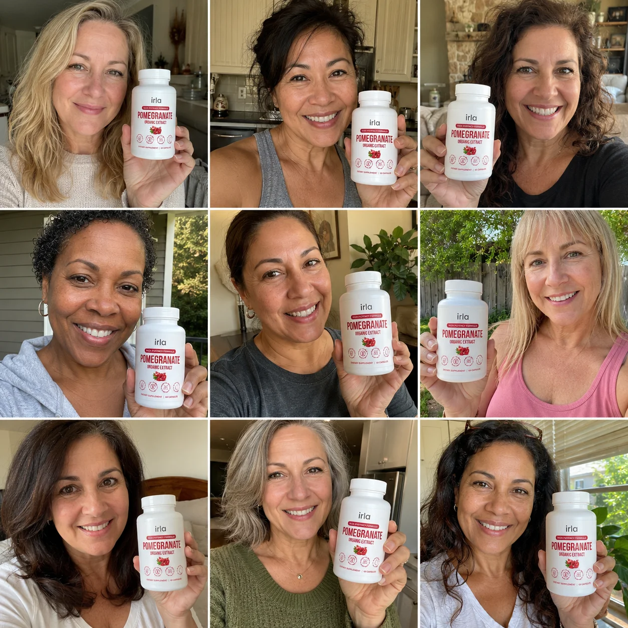 Collage of women holding Irla pomegranate extract bottles