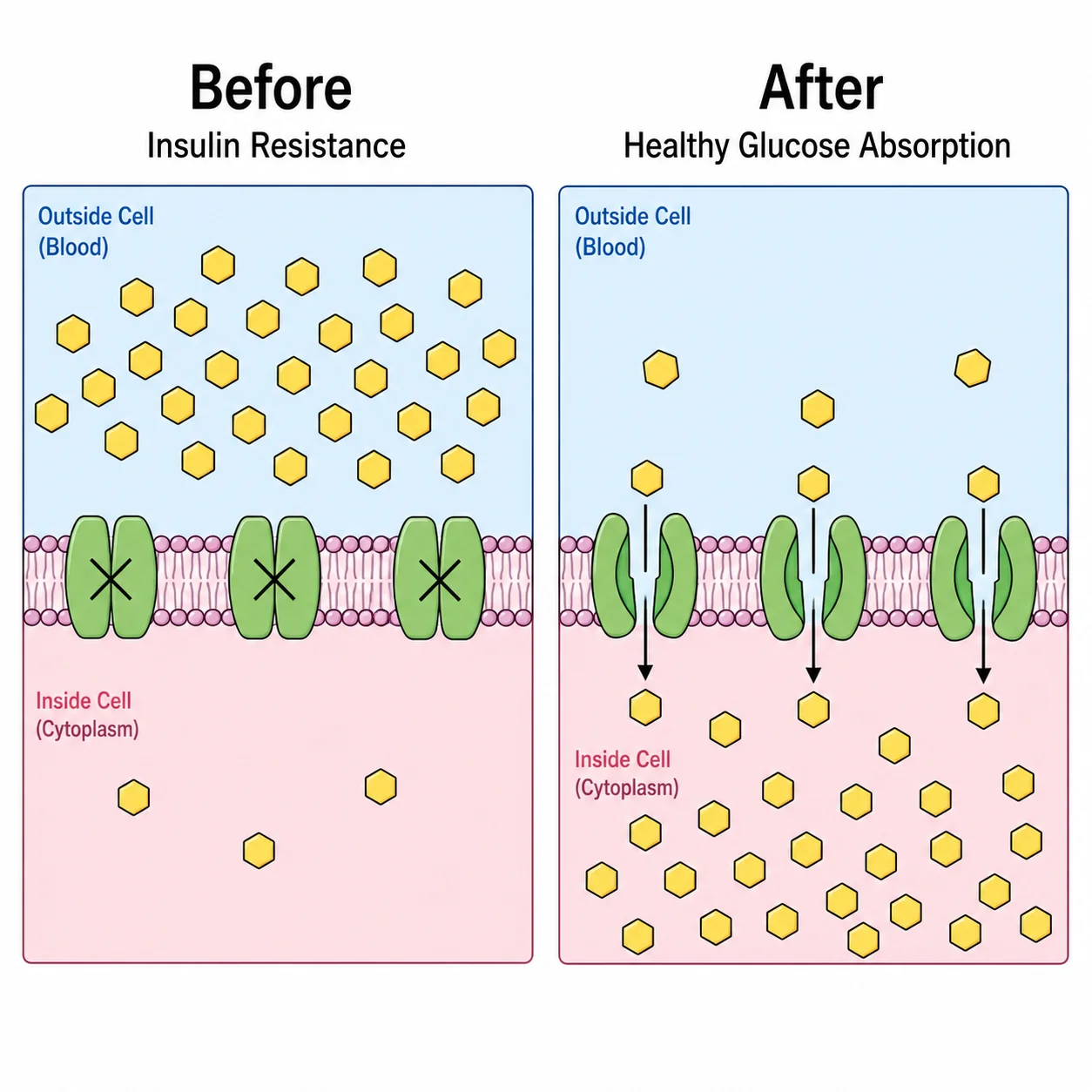 Before and after illustration showing insulin resistance improving to healthy glucose absorption